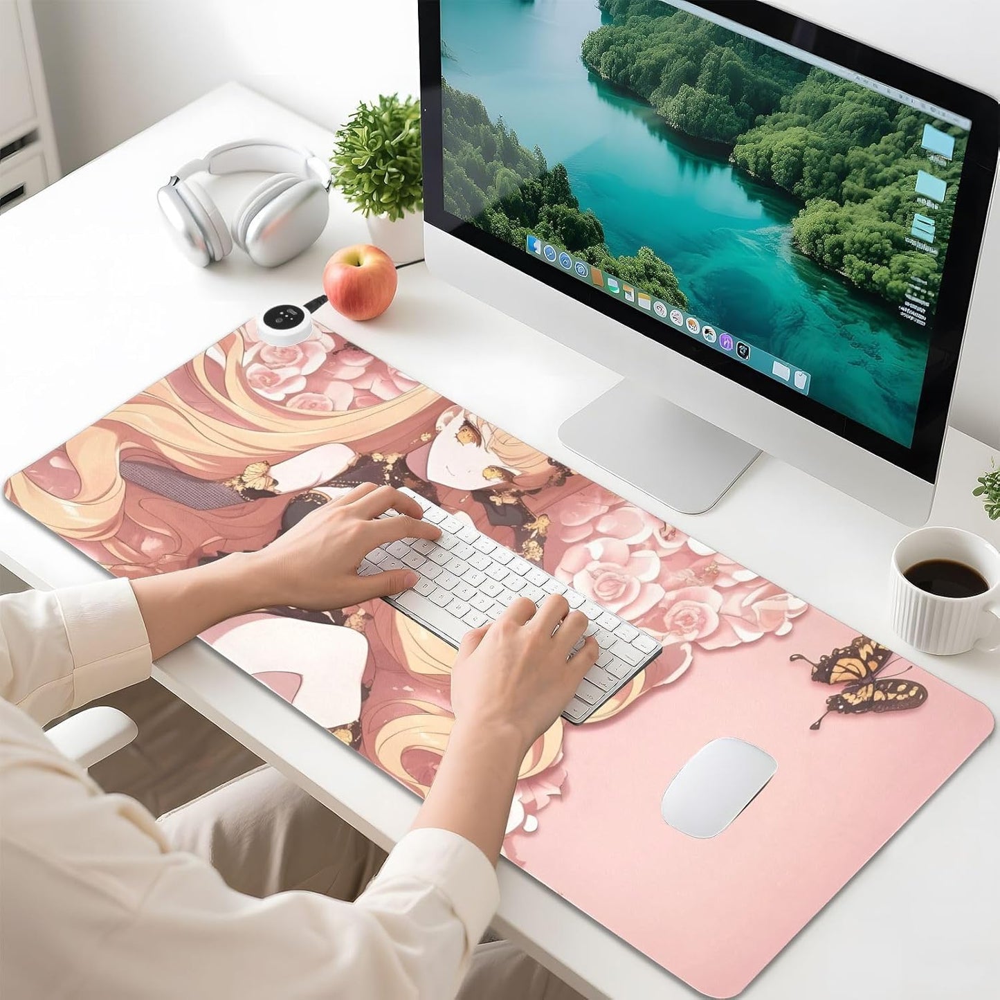 Large Heated Mouse Pad,Leather Desk Mat,31.5"x13",Hand Warmer Pads for Desk,Girl Butterfly(Glod Pink)