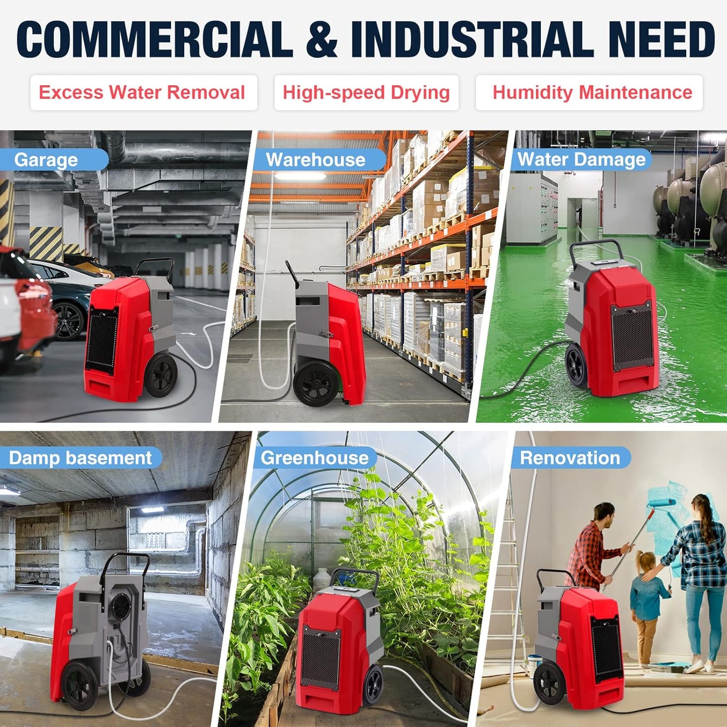 MOUNTO 180Pints LGR Industrial Dehumidifier with Pump and Drain Hose, Portable Commercial Dehumidifier with Wheels for Home, Basements, Garages, and Job Sites (Red)