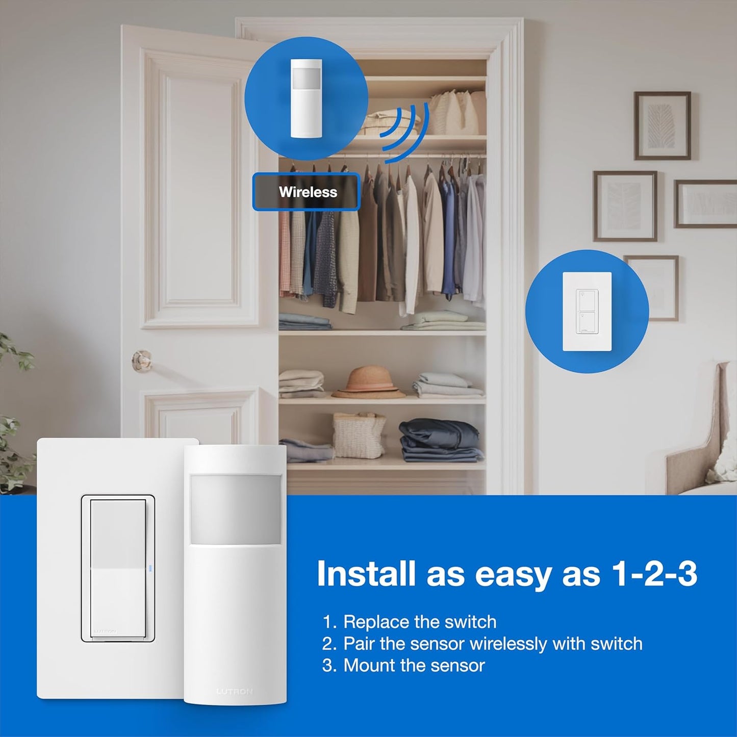 Lutron Wireless Motion Sensor and Claro Light Switch for Closets, Pantries, Basements, for Any Bulbs, Occupancy Vacancy Sensor, Single-Pole/ 3 Way, White