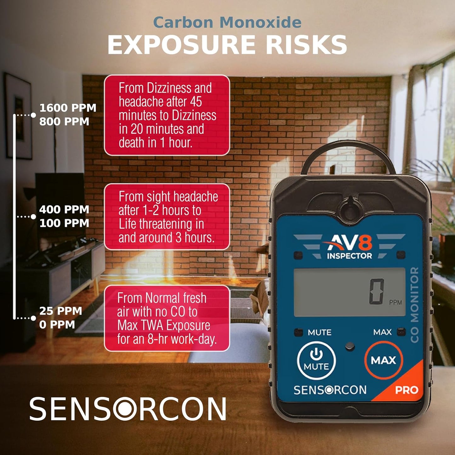 AV8 Inspector Pro Portable Carbon Monoxide Detectors for Aviation – Professional-Grade Carbon Monoxide Monitor with Visual, Audio and Vibration Alarms