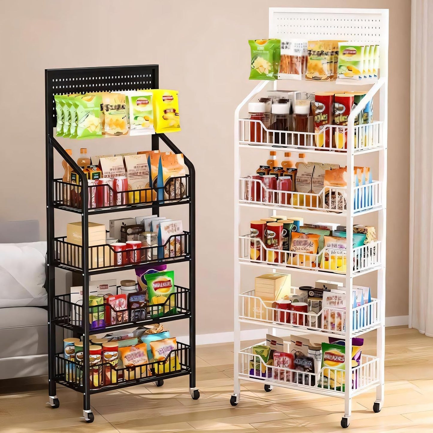 5-Tier Retail Display Rack, Metal Snack Display Stand with Wheels and Hooks, Multi-Functional Shelf, Easy to Assemble, Suitable Storage Rack for Home, Supermarket, Drugstore (5-Tier, White)