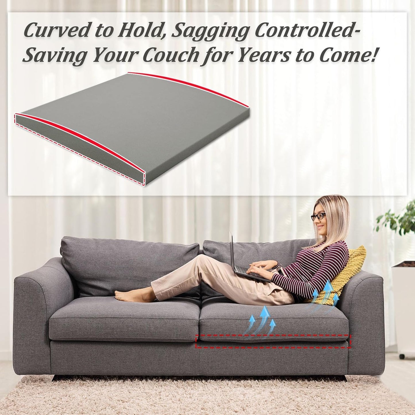 HAVARGO Couch Cushion Support for Sagging Seat 20X20X2 Inches Couch Supports for Sagging Cushions, High Density Foam Sofa Cushion Support with Anti Slip Mesh Fabric Light Grey Set of 2