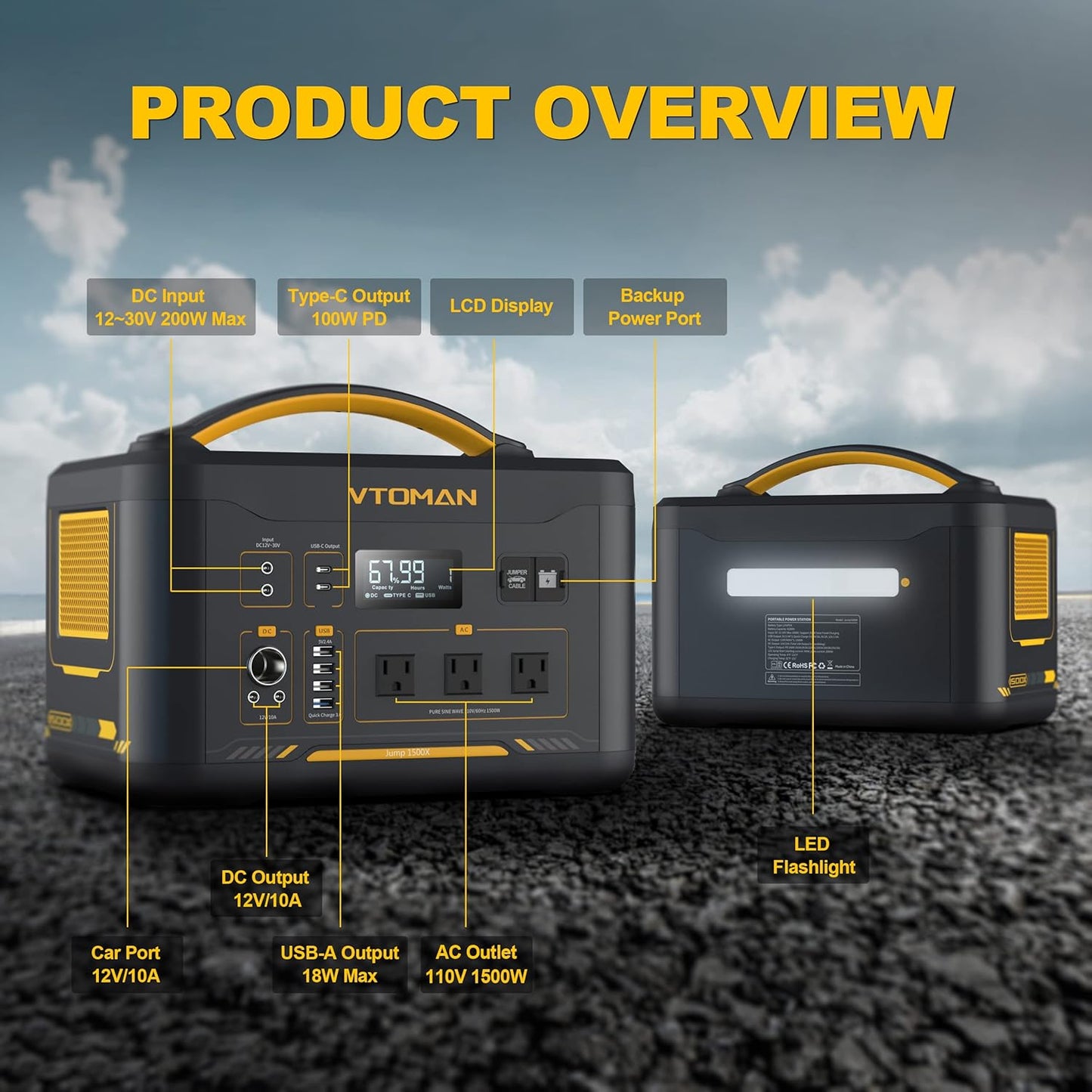 VTOMAN 2376Wh Portable Power Station, Jump 1500X Solar Generator with Extra Battery, 3000W Peak Durable LiFePO4 (LFP) Battery Station with 1500W AC Outlets, PD 100W for Home Backup & RV/Van Camping