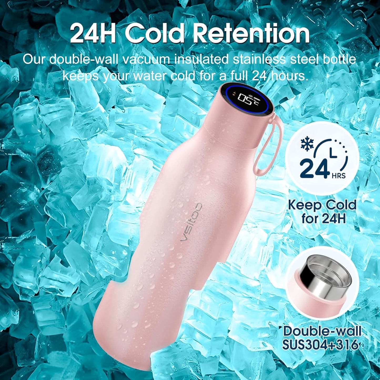 VSITOO 33oz Smart Self Cleaning Water Bottle,Insulated Water Bottle with Stainless Steel, BPA-Free, AI Self-Clean, 30-Day Battery, Magnetic Charging for Travel, Gym or Office, Pink