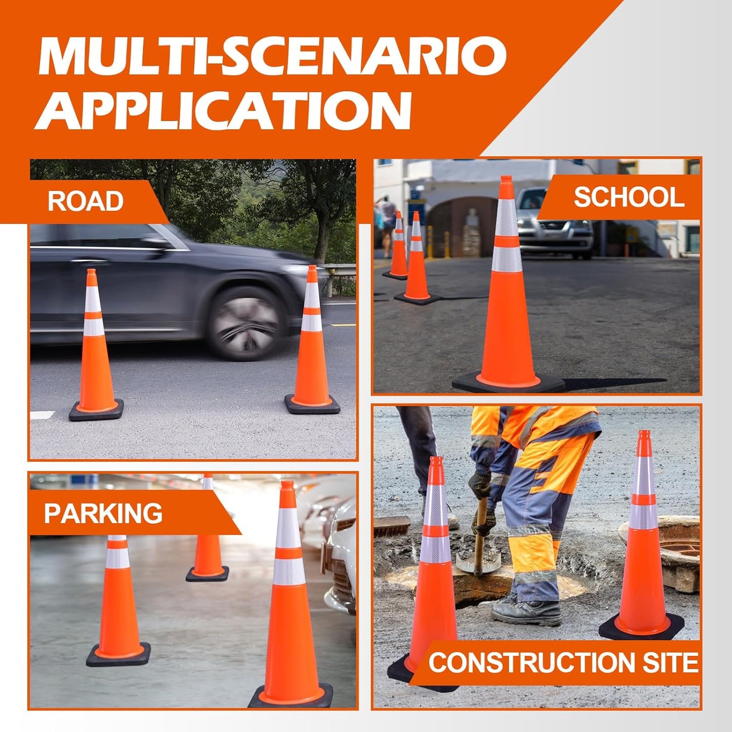 4 Pack 36 Inch Orange PVC Traffic Cones Black Base Stable Large Size, Highway Traffic Outdoor Construction Safety Warning Cones (4, Orange, 36 Inch)