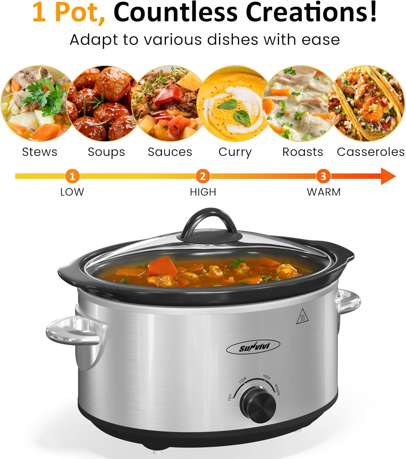 4QT Slow Cooker & Mini Food Warmer with Removable Ceramic Pot, 3 Heating Settings, Dishwasher Safe Glass Lid, Stainless Steel,Sliver