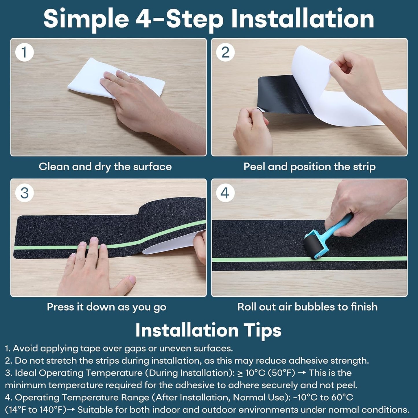 10 Pack 6” x 32” Anti Slip Traction Treads with Glow in The Dark Stripe, Outdoor Waterproof Non Skid Pre-Cut Tape with Roller, High Traction Friction Abrasive Adhesive for Stairs Step