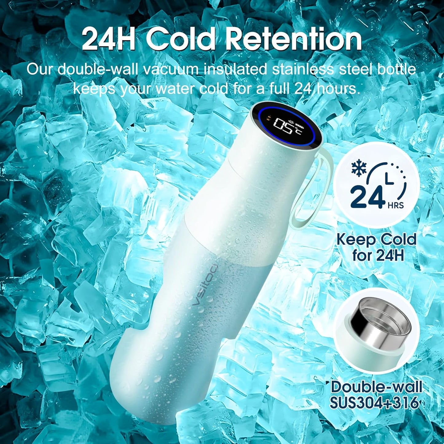 VSITOO 15oz Smart Self Cleaning Water Bottle,Insulated Water Bottle with Stainless Steel, BPA-Free, AI Self-Clean, 30-Day Battery, Magnetic Charging for Travel, Gym or Office, Blue