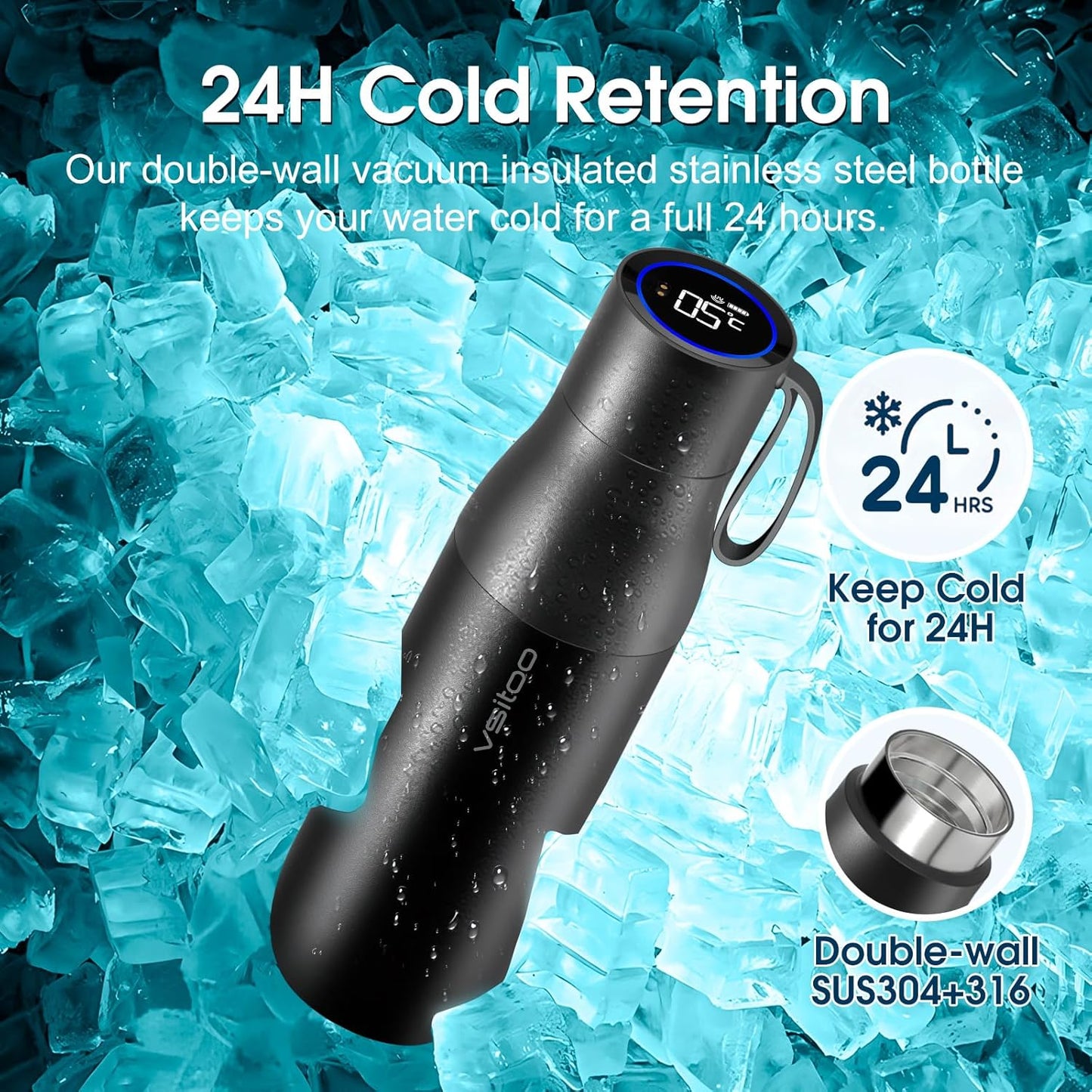 VSITOO 15oz Smart Self Cleaning Water Bottle,Insulated Water Bottle with Stainless Steel, BPA-Free, AI Self-Clean, 30-Day Battery, Magnetic Charging for Travel, Gym or Office, Black