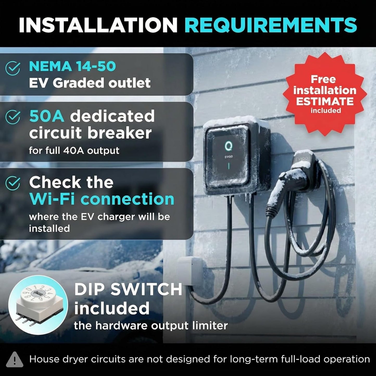 EVIQO Level 2 EV Charger 40 Amp - 9.6 kW 240V Wall Home EV Charger Level 2, NEMA 14-50 Plug, J1772 25' Cable - Enhanced Wi-Fi – UL, ETL Certified EVSE, Smart Electric Vehicle Charging Stations – GEN 2