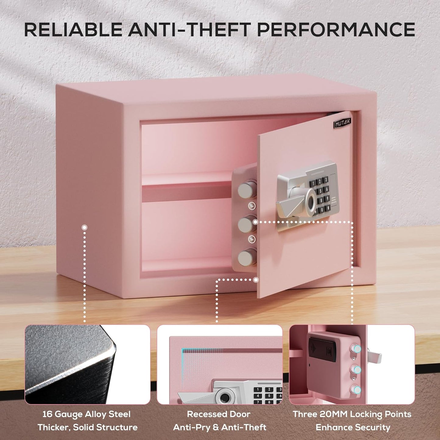 1.0 Cub Biometric Safe Box with Fireproof Bag, Quick-Access Fingerprint Safe with Keys, Digital Keyboard, Type-C Port, Dual Alarm System Safety Box for Home, Office, Hotel Use(Pink)