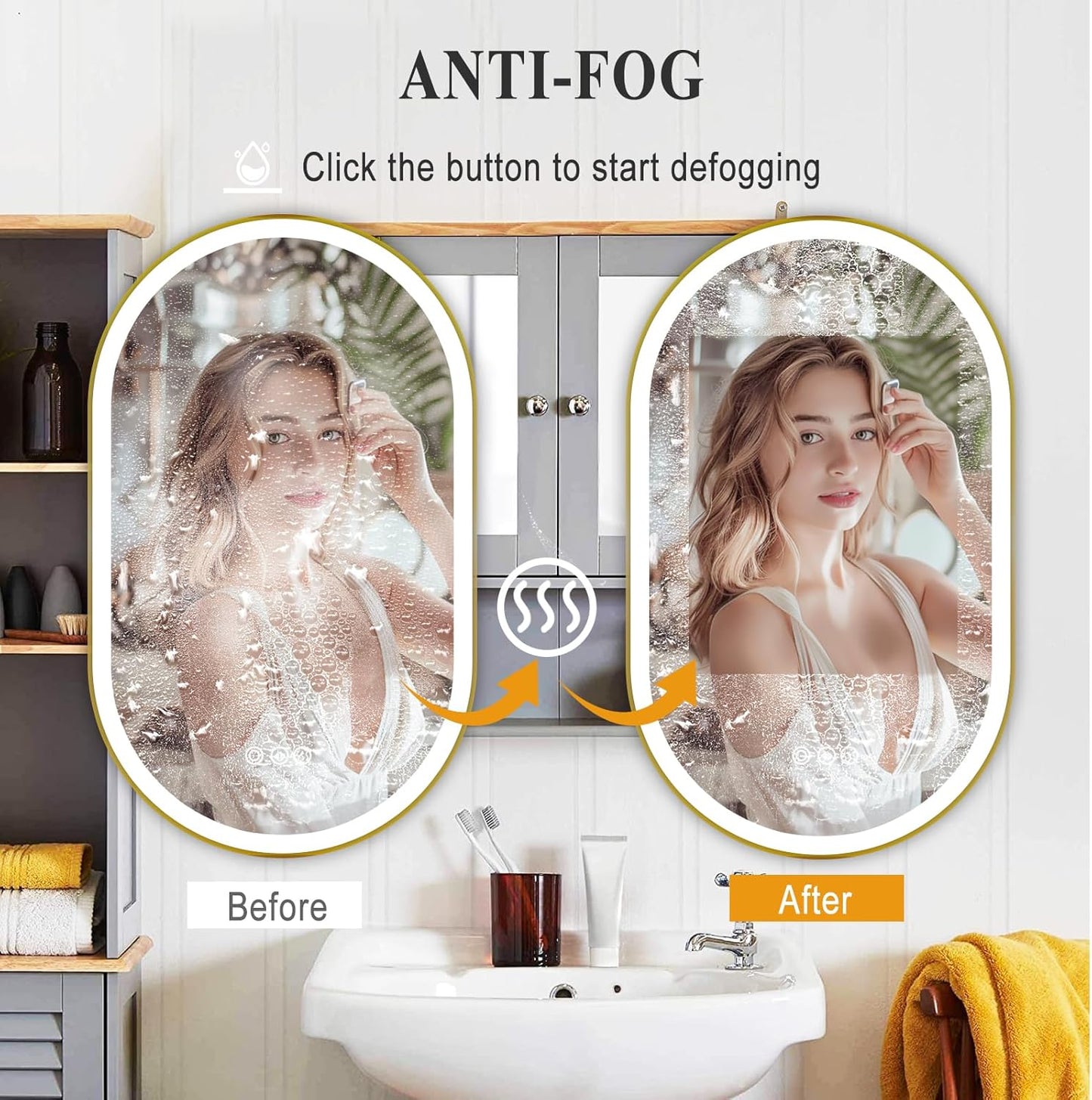 LED Mirror for Bathroom, 24x40 Inch Vanity Mirror with Lights,Anti-Fog Oval Bathroom Mirror, 3 Colors and Stepless Dimmable Wall Mounted Makeup Mirror with Metal Frame