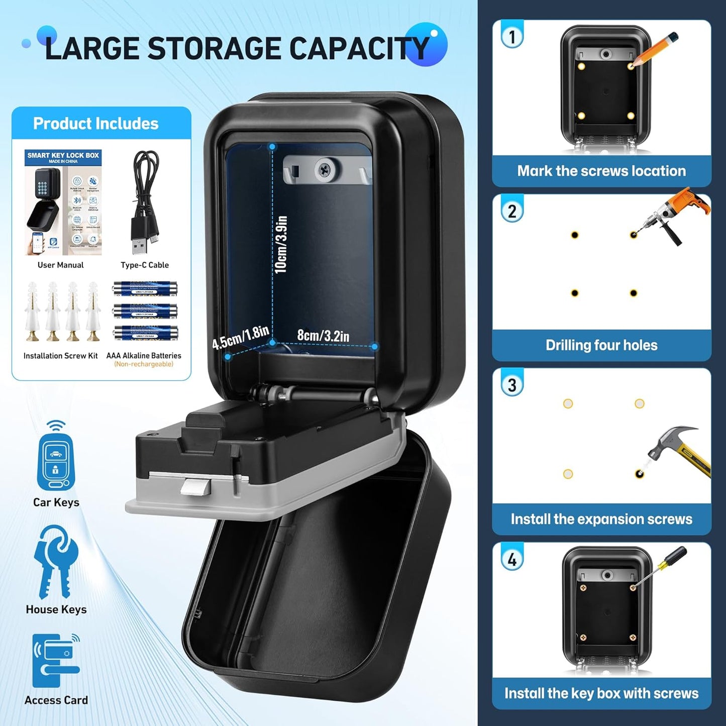 HUANLANG Smart Key Lock Box - Bluetooth Electronic Lock Box for Keys, Wall Mount Digital Key Storage with App Control & PIN Code Types, IP65 Waterproof lockbox for Home, Airbnb, Realtor and Office