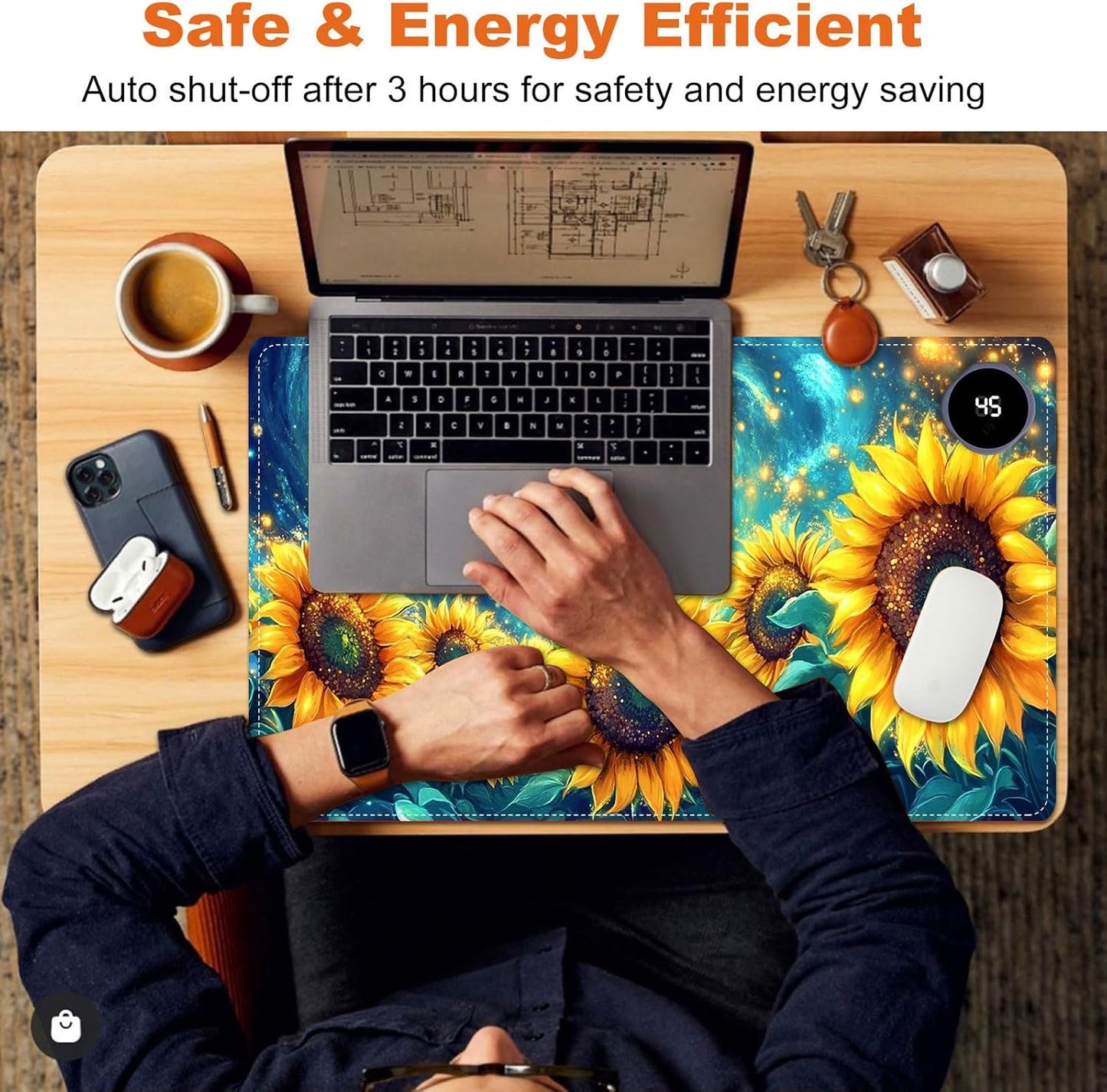 Small Heated Desk Pad 23.6" x 14.2" – Compact Electric Mouse Pad with 3 Heating Levels, Auto Shut-Off, Waterproof PU Surface, Plug-in Warmer for Office or Home Use, Starry Sunflowers