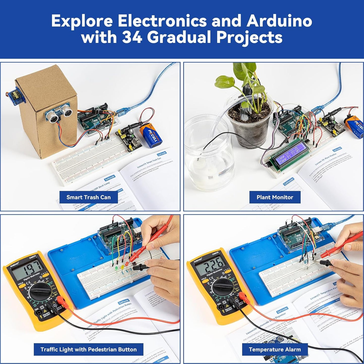SunFounder Inventor Lab Starter Kit with Original Arduino Uno R3 REV3 Board Multimeter 34 Projects RAB Breadboard Holder Battery HCSR-04, RoHS Compliant, for Beginners & Engineers