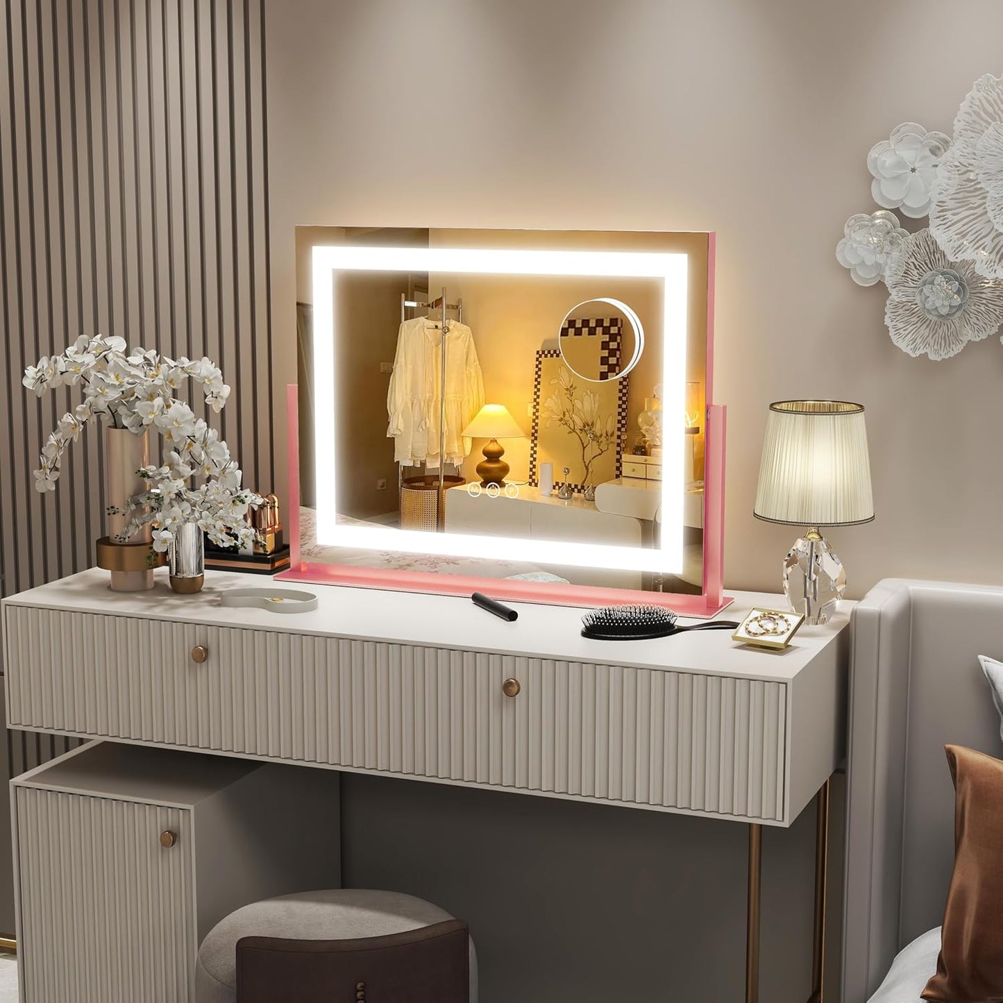 FENNIO Vanity Mirror with Lights 22''x18'' Makeup Mirror with Lights,Lighted Makeup Mirror with 10X Magnification,Smart Touch Screen with 3-Color Lighting,Dimmable(Square Pink)