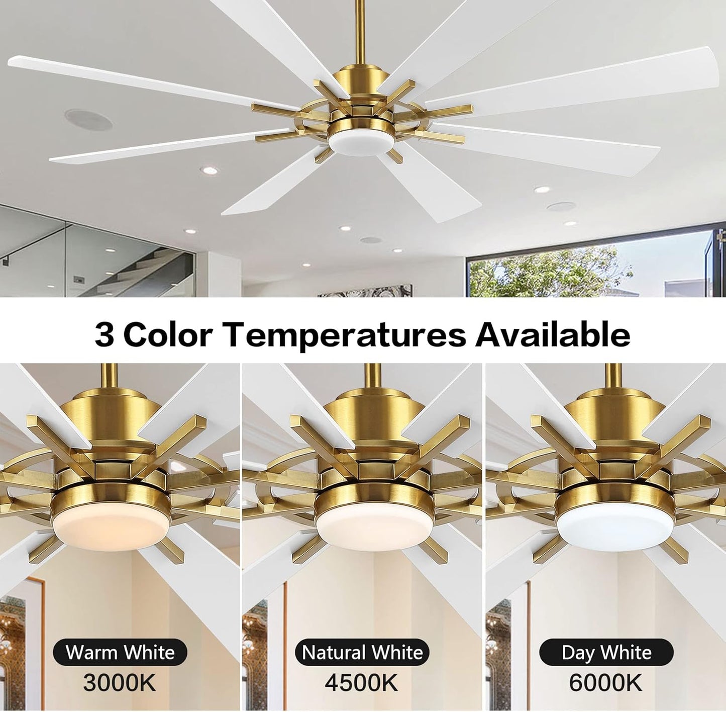 WINGBO 72" DC Ceiling Fan with Lights, Gold and White Ceiling Fan with 3 Downrods, 8 Plywood Blades, 6-Speed Reversible DC Motor, Modern Ceiling Fans Indoor for Kitchen Bedroom Living Room