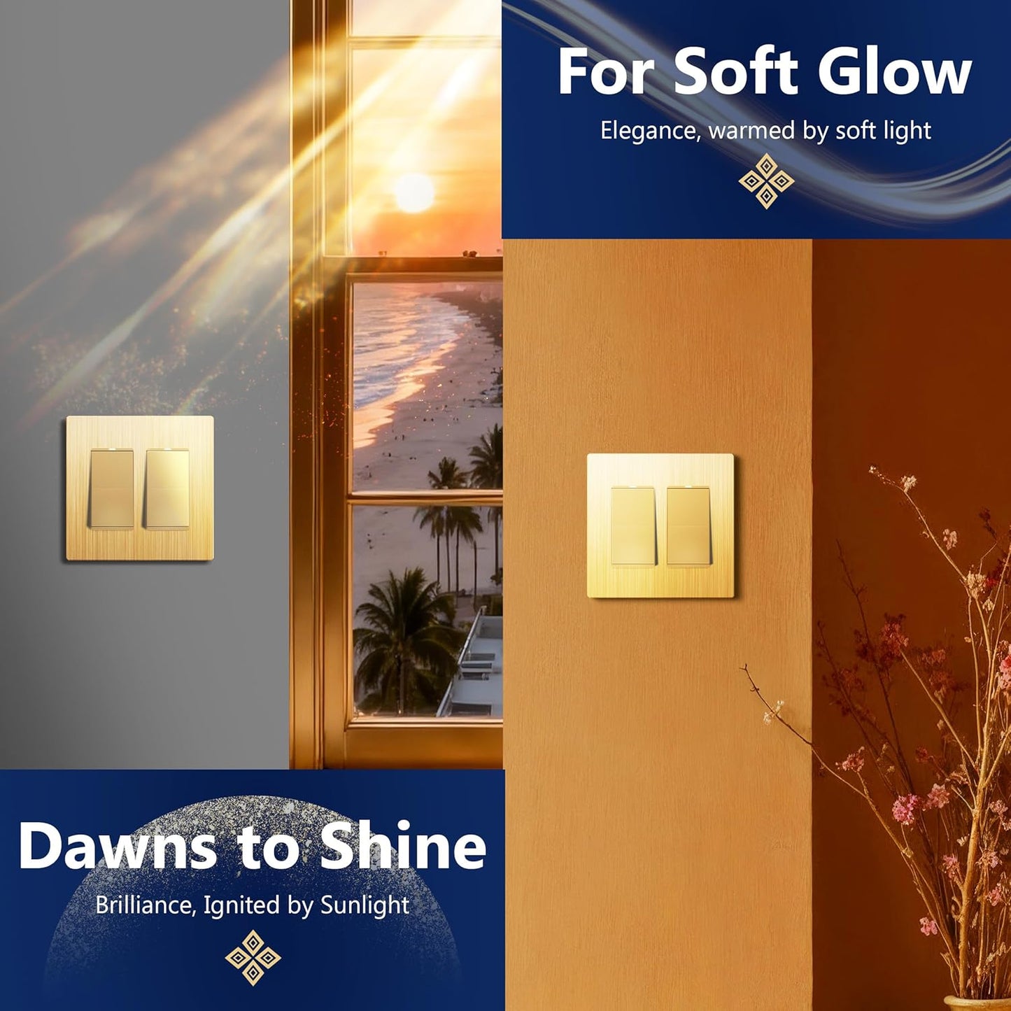 LIDER Matte Finish Decorator Switch Cover, Screwless Wall Plate, Mid-Size 2-Gang 4.88" x 4.92", Unbreakable Polycarbonate Thermoplastic, UL Listed, LSWP-32M-GD, Gold