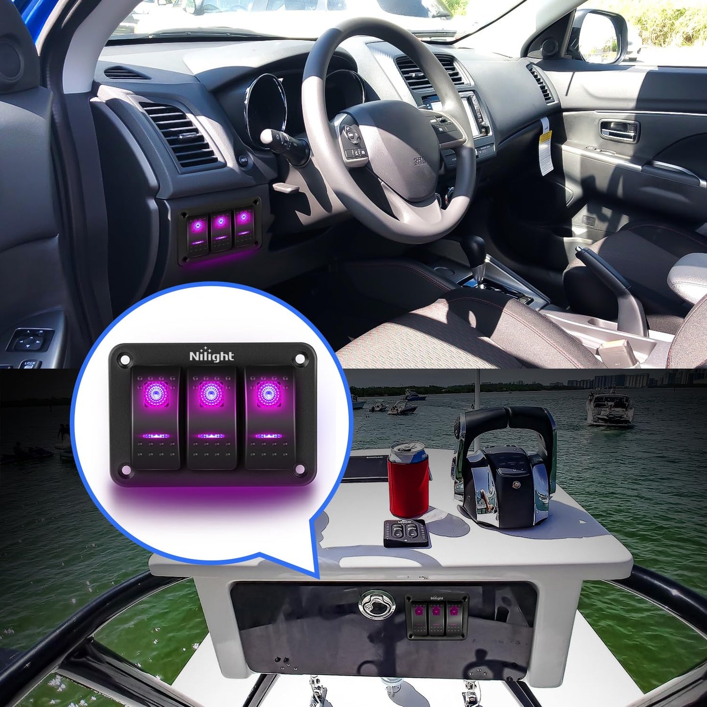 Nilight 3 Gang Aluminum Rocker Switch Panel 5 Pin ON Off Pre-Wired Pinkish Purple Toggle SPST 12V 24V Night Glow Stickers for Cars Marines Boats Campers RVs