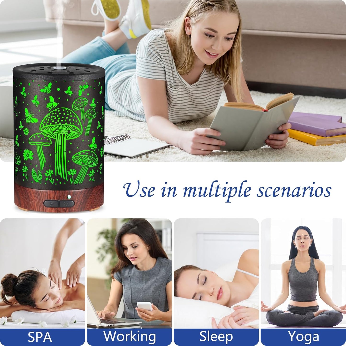 Essential Oil Diffuser- Aromatherapy Diffuser with7 Colors Light and Auto-Off for Women Metal Cool Mist Humidifier for Home and Office for Mom Women(Mushroom + Bee)