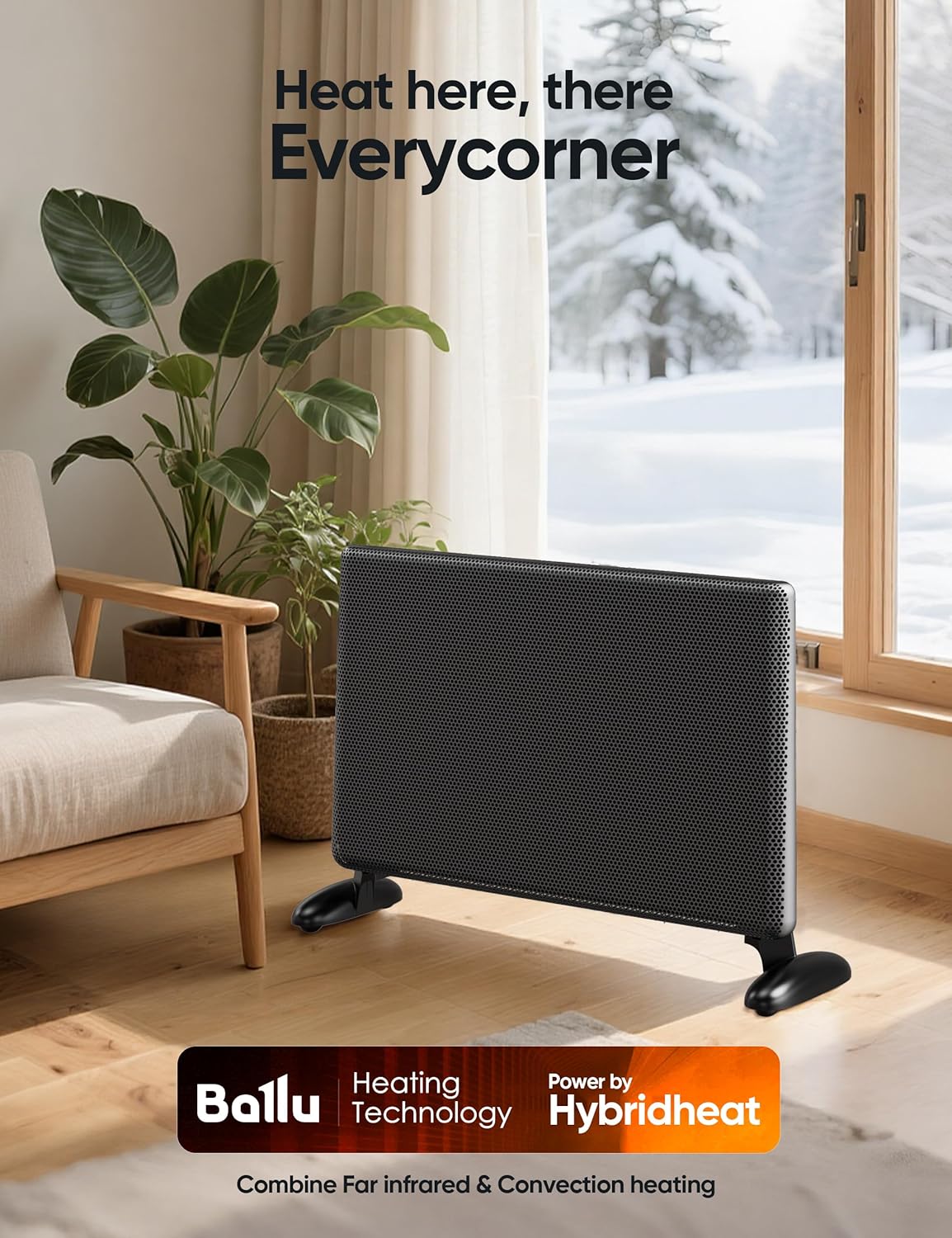 Ballu Mica Infrared Space Heater Large Room,Panel Heater with Programmable Thermostat,WiFi App Control,Portable Stand or Wall Mount, Energy Efficient Smart Quiet Heater,Work with Alexa,Black