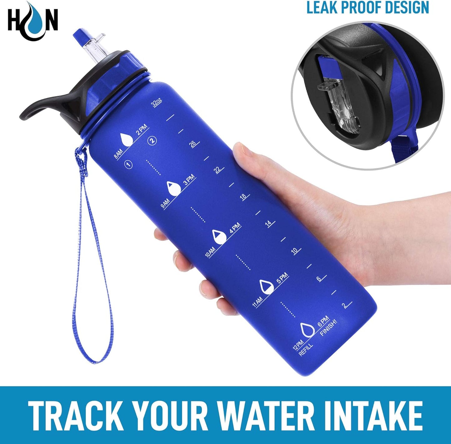 Hydration Nation (32oz Water Bottle With Time Marker - Leak Proof Water Bottles With Times To Drink For Fitness & Sports - 32oz Water Bottle With Straw For Drinking - Water Tracker Bottles (Blue)