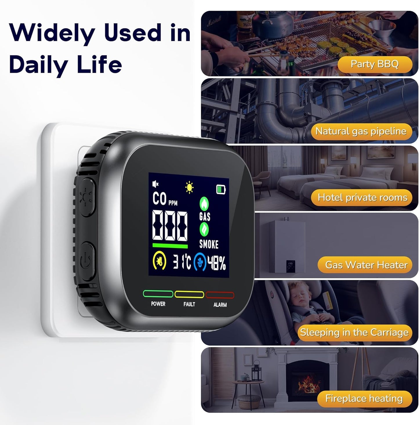 6 in 1 Carbon Monoxide Detectors Plug in, Natural Gas Detector & Carbon Monoxide Detector & Battery Backup, HD Digital Display Monitors CO, Gas, Temp, Humidity, Smoke Alarm for Travel Home, RV