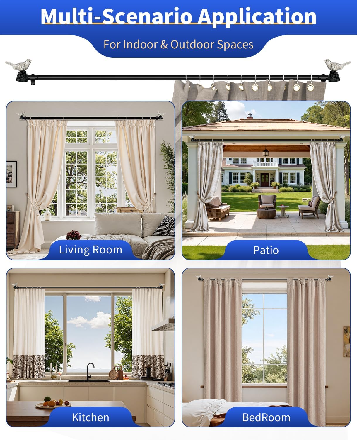 Vintage Pewter Curtain Rod 36 to 72 Inches Curtain Rods for Windows Adjustable Heavy Duty Drapery Rod with Bird Finials for Living Room Bedroom