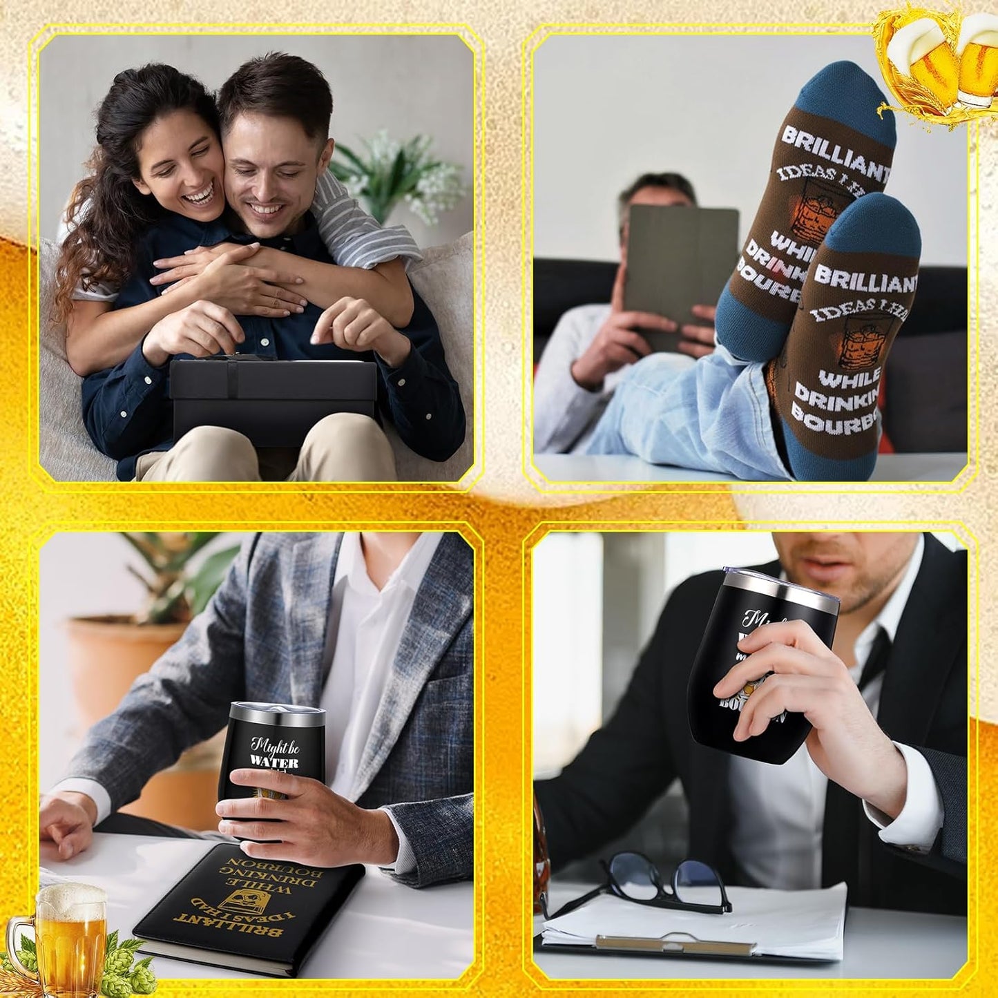 6 Pcs Novelty Bourbon Gift for Men Women Funny Whiskey Lovers Gifts 12 oz Stainless Steel Cup Socks Keychain Pen Notebook Box for Christmas Drink Party Bar Bourbon Whiskey Lovers Gift