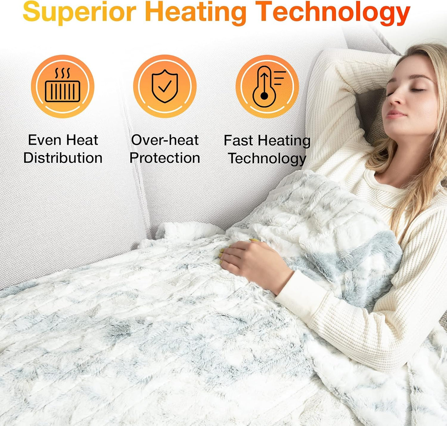 WOOMER Heated Blanket Throw 50" x 60", Electric Blanket Throw with 4 Heating Levels & 4H Auto Off, ETL Certified, Marble Blue Double-Sided Faux Fur, Over-Heat Protect, Machine Washable