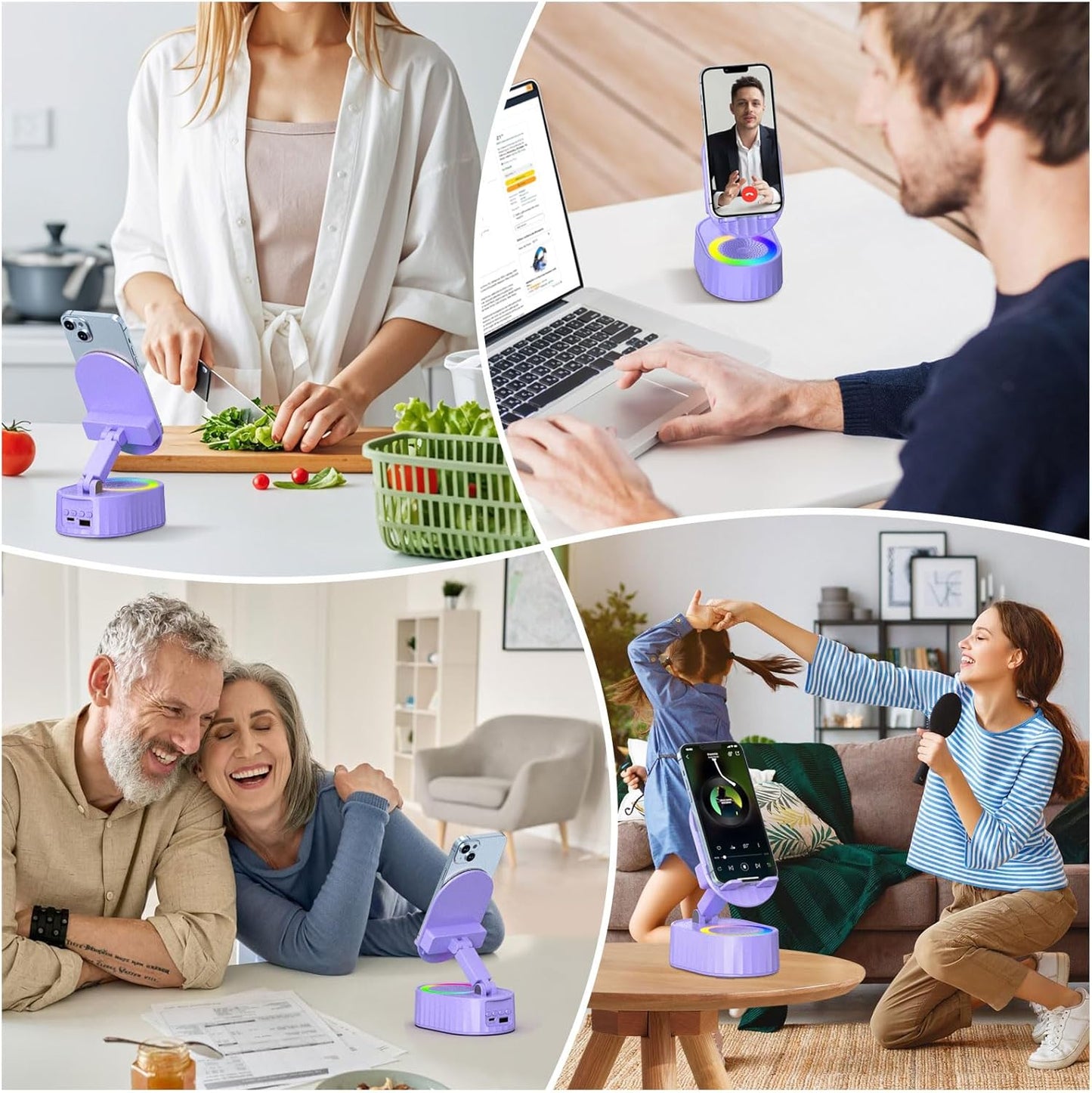 Wireless Induction Audio Bluetooth Speaker 5in1 Phone Holder Emergency Rechargeable (3000mAh) with Colorful Ambient Light 300° Foldable for Tablet iPhone Android, Gifts for Men Women