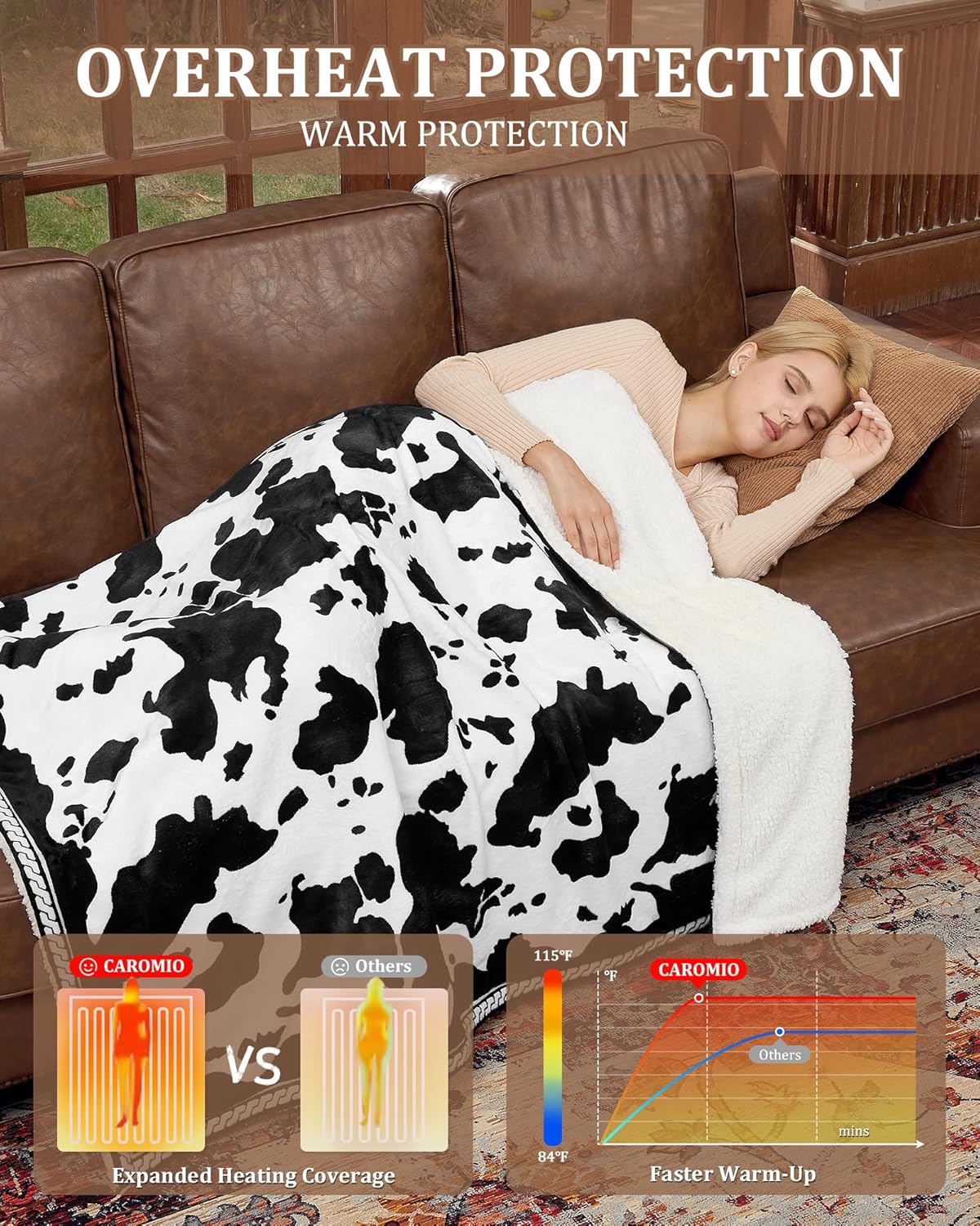 CAROMIO Heated Electric Blanket Full Size, Cow Print Fast Heating Blankets with LCD Controller, 10 Heat Levels & 1-12H Time Settings, ETL Certified, Machine Washable, Black White, 72" x 84"