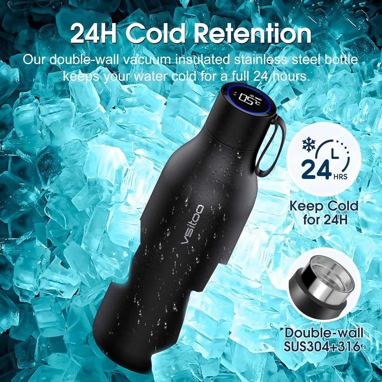 VSITOO 33oz Smart Self Cleaning Water Bottle,Insulated Water Bottle with Stainless Steel, BPA-Free, AI Self-Clean, 30-Day Battery, Magnetic Charging for Travel, Gym or Office, Black