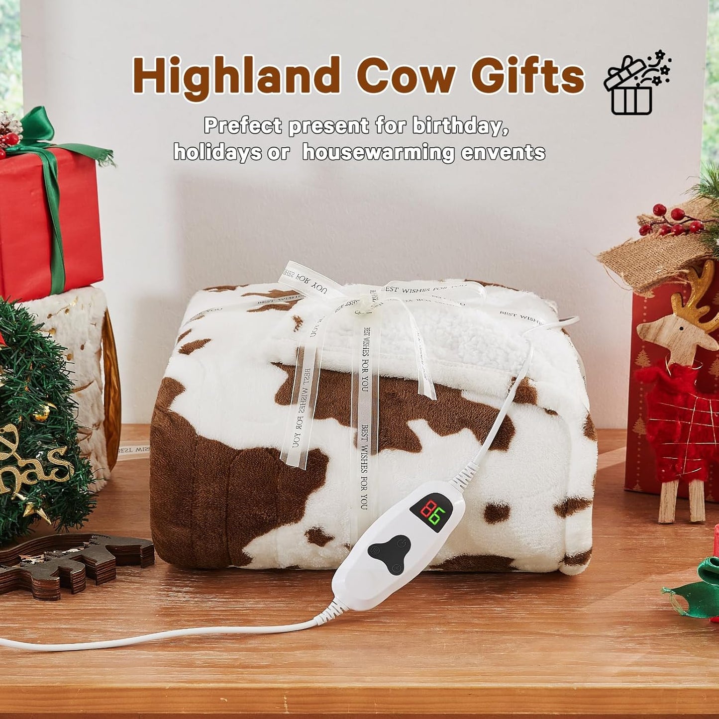 Cow Print Heated Electric Blanket Twin Size,62X84 Brown Heating Blanket with 10 Heats Levels & 8 Hours Auto Off,Highland Cow Fleece Sherpa Blankets Warmer Gifts for Women Adults Couch,Washable