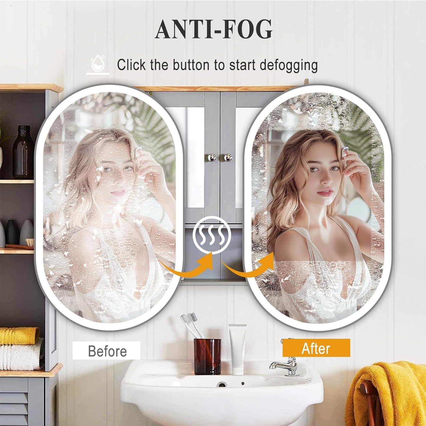 LED Mirror for Bathroom, 24x40 Inch Vanity Mirror with Lights,Anti-Fog Oval Bathroom Mirror, 3 Colors and Stepless Dimmable Wall Mounted Makeup Mirror with Metal Frame (Silver)
