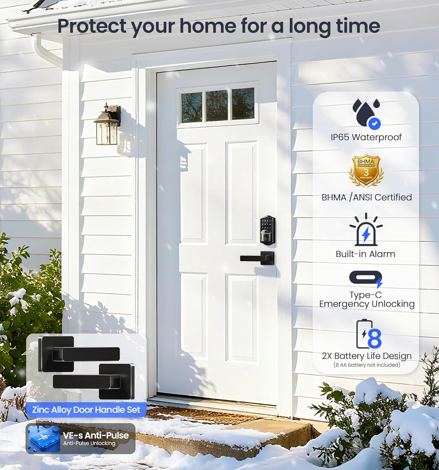 Veise VE027-L Built-in WiFi Smart Door Lock with Lever Handle Set, Fingerprint keyless Entry Door Lock, App Remote Control, Electronic Digital Keypad Deadbolt for Front Door, Auto Lock, Matte Black