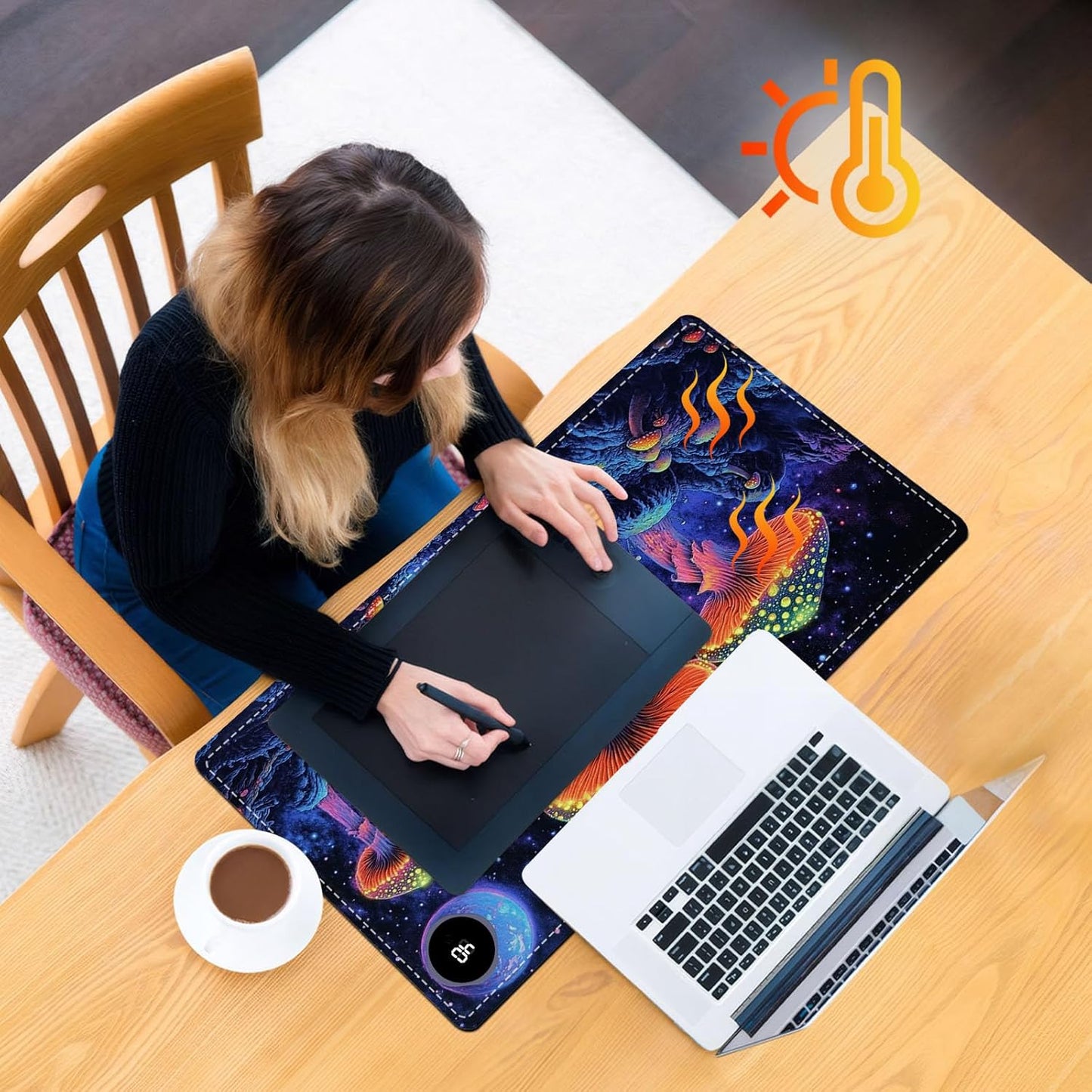Heated Mouse Pad 23.6 x 14 in 3-Temp Fast Heating Desk Mat with Auto Timer Warmer for Hands Wrist Pain Relief Waterproof Keyboard Mat for Office, Gaming, Home, Mushroom Galaxy Art