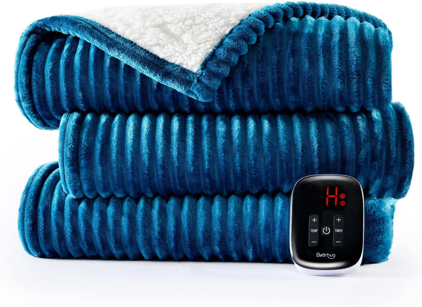 Bearhug Electric Heated Blanket, 62"x84" Ribbed Flannel & Sherpa Fast Heating Blanket, 10 Heating Levels & 1-12H Auto Off, Over-Heat Protect, ETL, Machine Washable