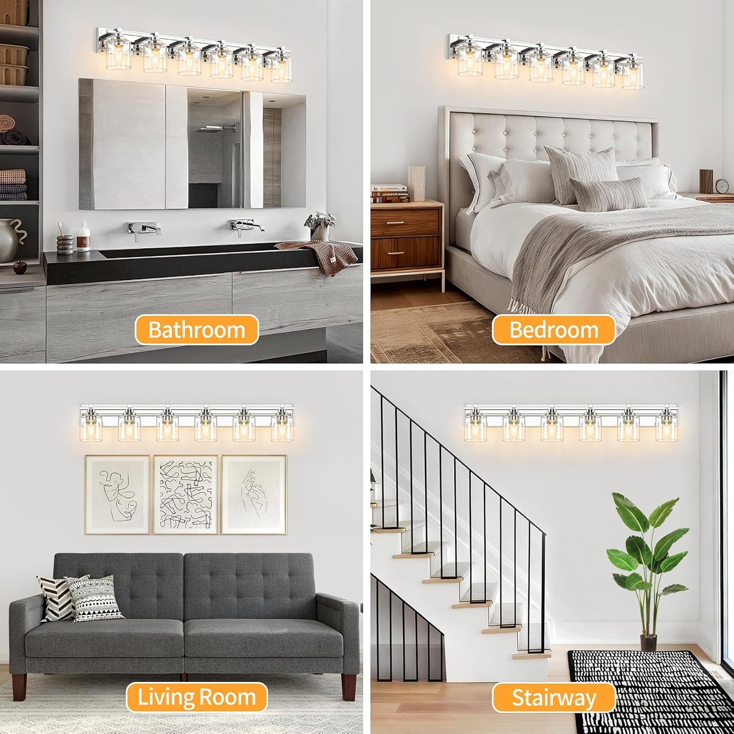 6 Light Modern Bathroom Light Fixtures Over Mirror, Chrome Vanity Lights for Bathroom Wall Sconces with Clear Glass Shades, E26 Socket (Bulbs Not Included)
