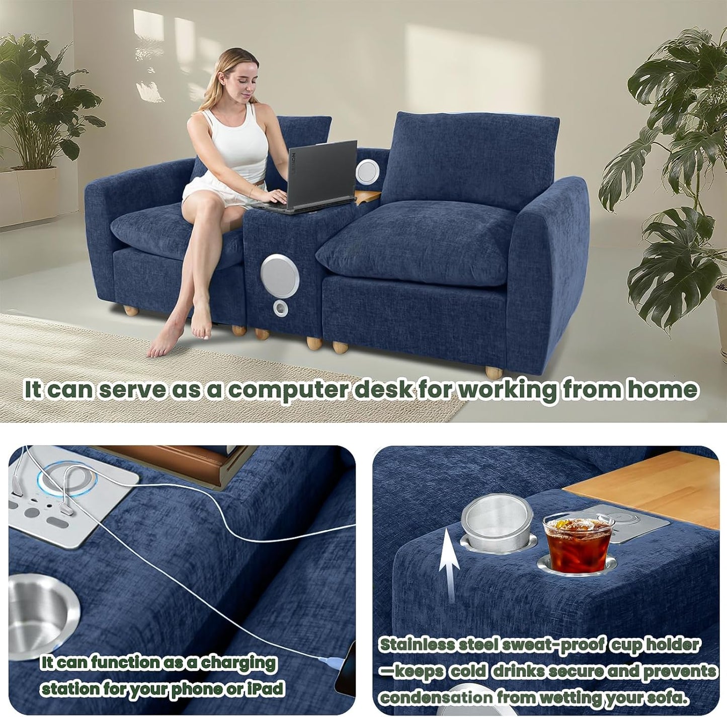 Brelice Modular Sofa Console with Wireless Charging & Bluetooth Speaker - All-in-One Armrest Organizer with Wired Charging, Storage Tray, Volume Control for Sectional Couch, Living Room