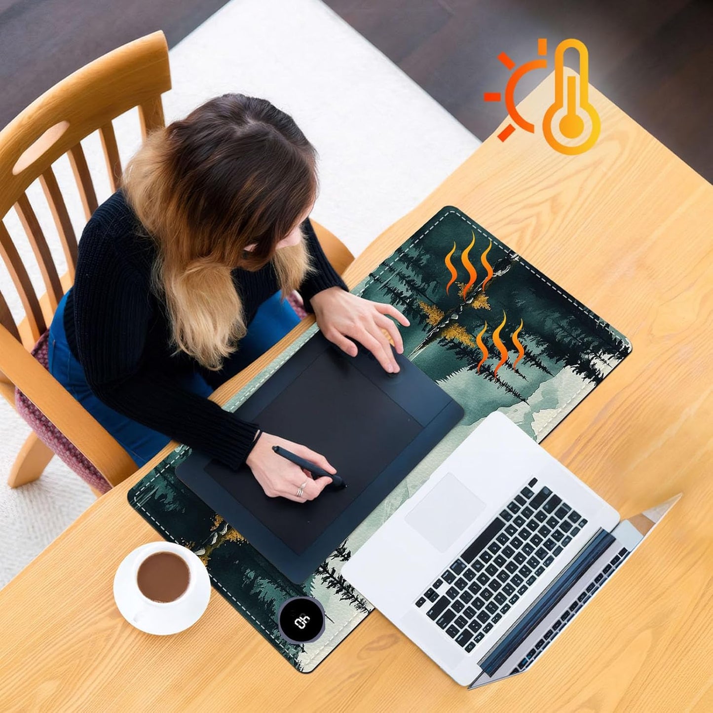 Heated Mouse Pad 23.6 x 14 in 3-Temp Fast Heating Desk Mat with Auto Timer Warmer for Hands Wrist Pain Relief Waterproof Keyboard Mat for Office, Gaming, Home, Forest Reflections