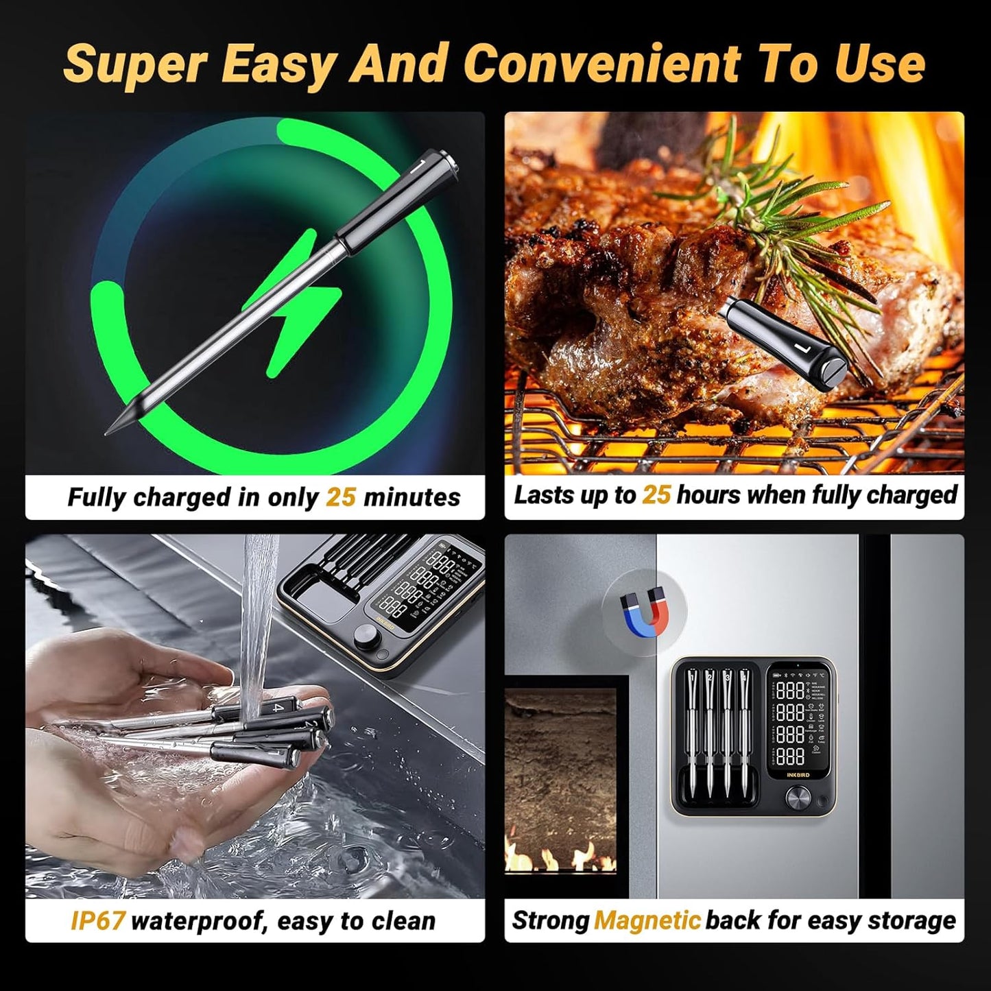 Wireless Meat Thermometer with 4 Probes, INKBIRD WiFi Meat Thermometer Digital Wireless for Rotisserie Grill Oven,Unlimited Range Dishwasher Waterproof Bluetooth Thermometer for iOS & Android