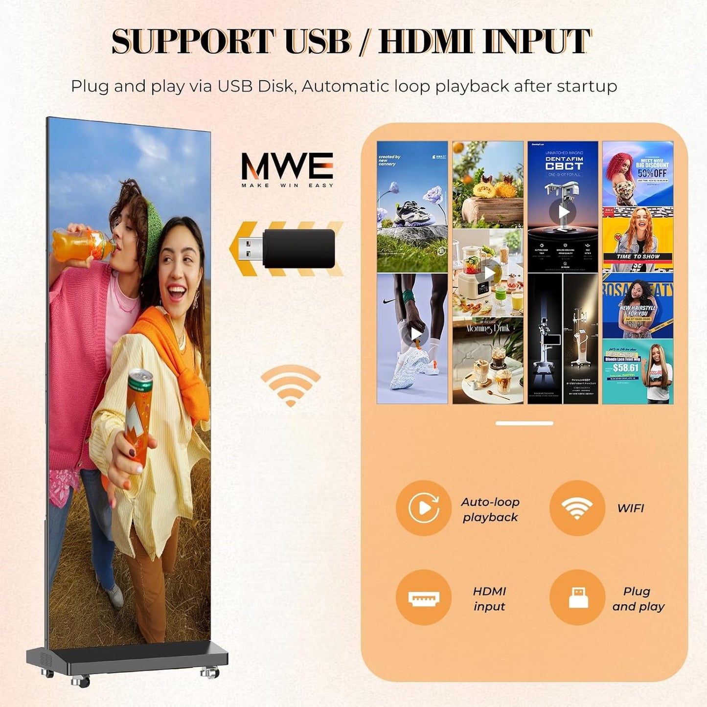 MWE LED Digital Signage Display with Flight Case, P1.86 Spliceable LED Poster Screen with Publishing System, Foldable Advertising Display Kiosk for Events and Rentals, WiFi/USB/HDMI (1 Panel), Black