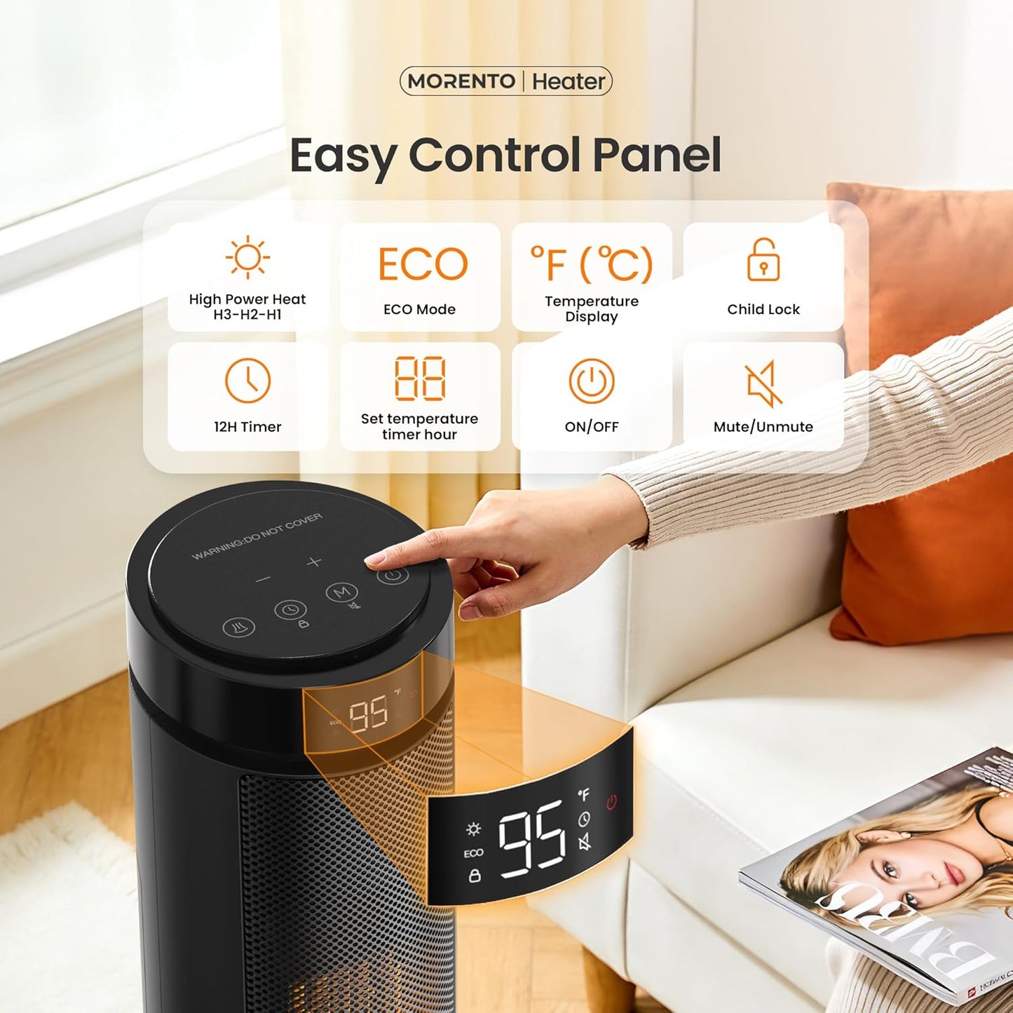 MORENTO Space Heater for Indoor Use, 1500W Ceramic Fast Heat, Electric Space Heater for Large Room with Remote, Thermostat, Digital Display, 5 Modes, 12H Timer, 70° Oscillation, 23dB Black 1 Pack