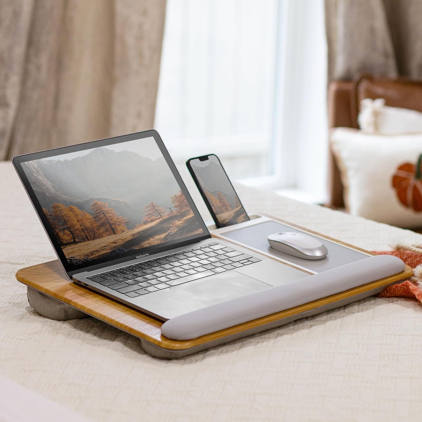 LAPGEAR Home Office Pro Lap Desk with Wrist Rest, Mouse Pad, and Phone Holder - Oak Woodgrain - Fits up to 15.6 Inch Laptops - Style No. 91599