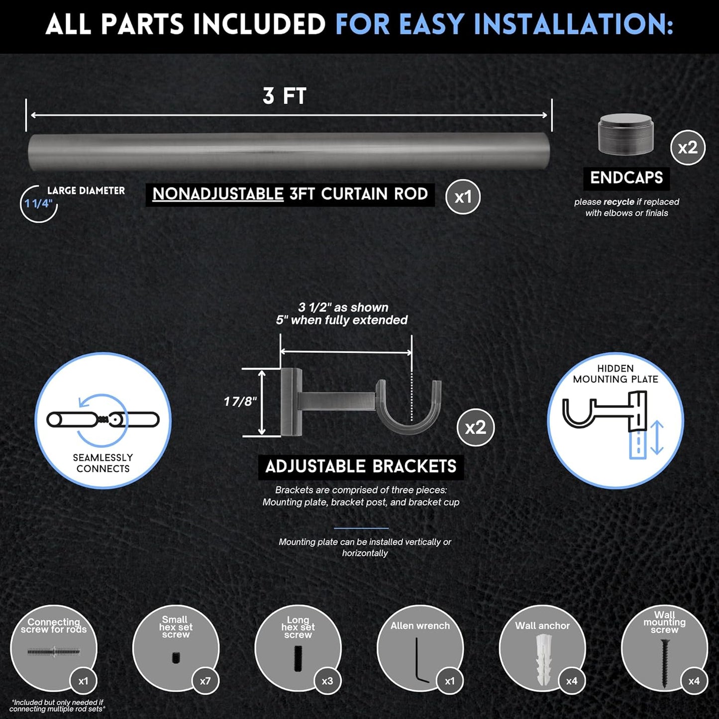 BlastHome® Non-Adjustable Luxury Curtain Rods for Windows, 1 ¼” Rod Set, 3 foot Fixed Length, Gunmetal/Pewter