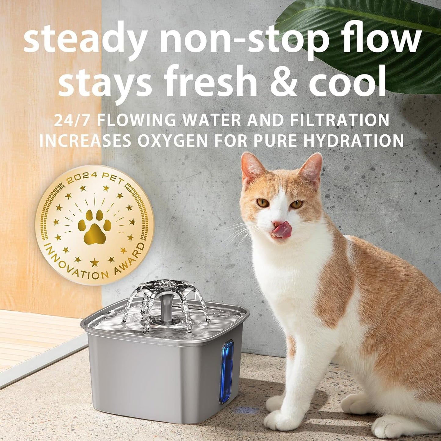 Veken Innovation Award Winner Stainless Steel Cat Water Fountain, 108oz/3.2L Automatic Pet Fountain Dog Water Dispenser with Replacement Filters & Silicone Mat for Cats, Dogs, Multiple Pets (Silver)