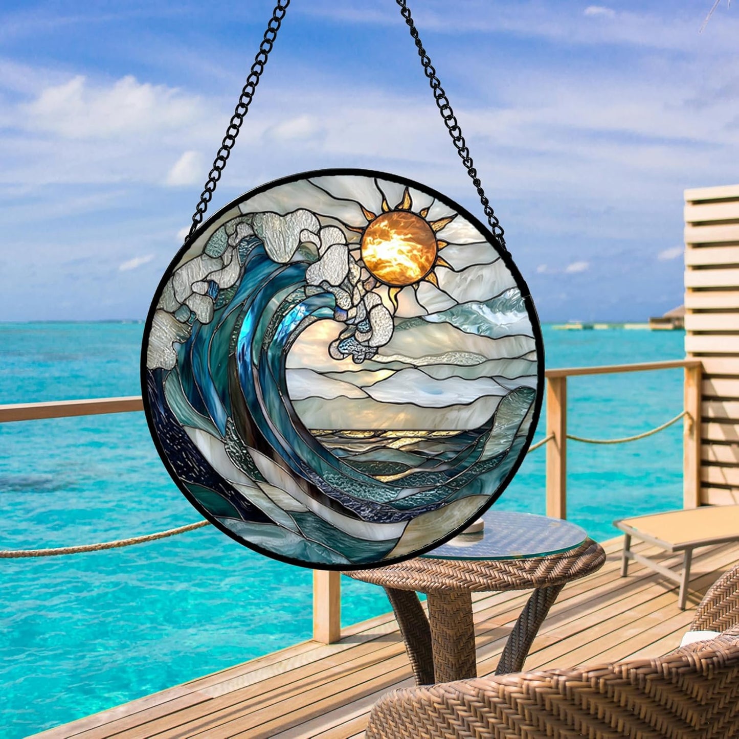 Stained Glass Window Hanging, Blue and White Waves Suncatcher Diamond Glass Panel Landscape Sun Catchers Decor for Birthday for Women, Men, Wife, Aunt, and Mom 11.8x11.8 in