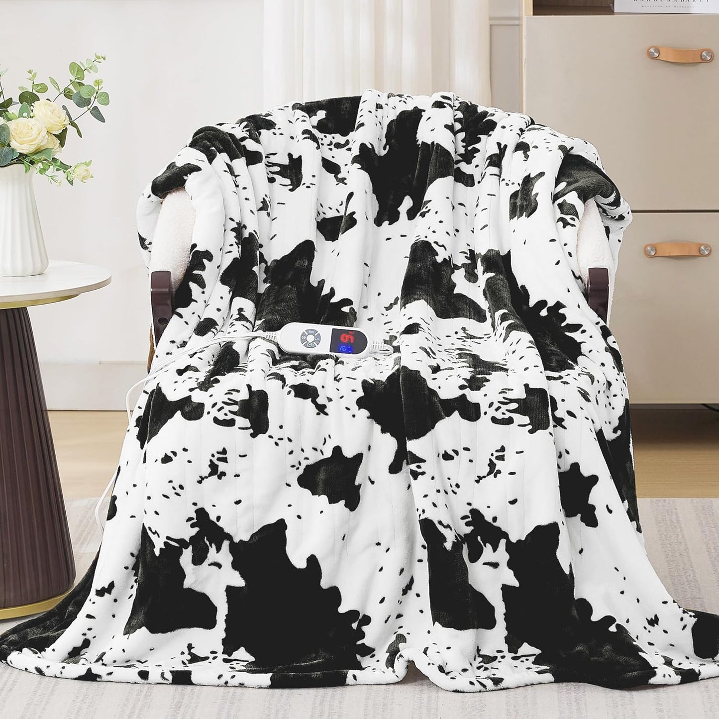 Black Cow Print Heated Throw Blanket 50"x60", Electric Blanket with 6 Heat Settings & 1-12H Timer, Cozy Soft Flannel Sherpa, Machine Washable, Warm Gift for Women