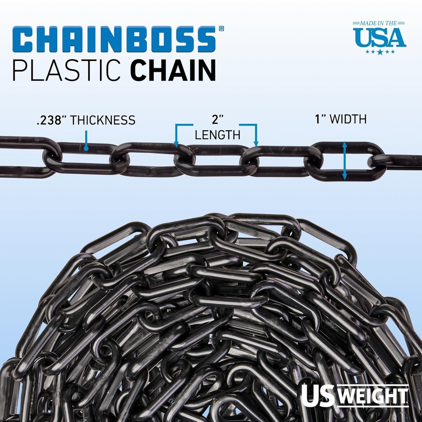 US Weight (Made in USA) 2" x 100' Blue Plastic Safety Chain ft. SunShield UV Resistant Technology